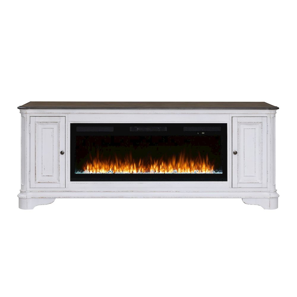 Heated LED Fireplace TV Consoles 82 Inch  - Antique White & Weathered Bark
