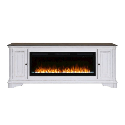 Heated LED Fireplace TV Consoles 82 Inch  - Antique White & Weathered Bark