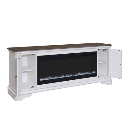 Heated LED Fireplace TV Consoles 82 Inch  - Antique White & Weathered Bark