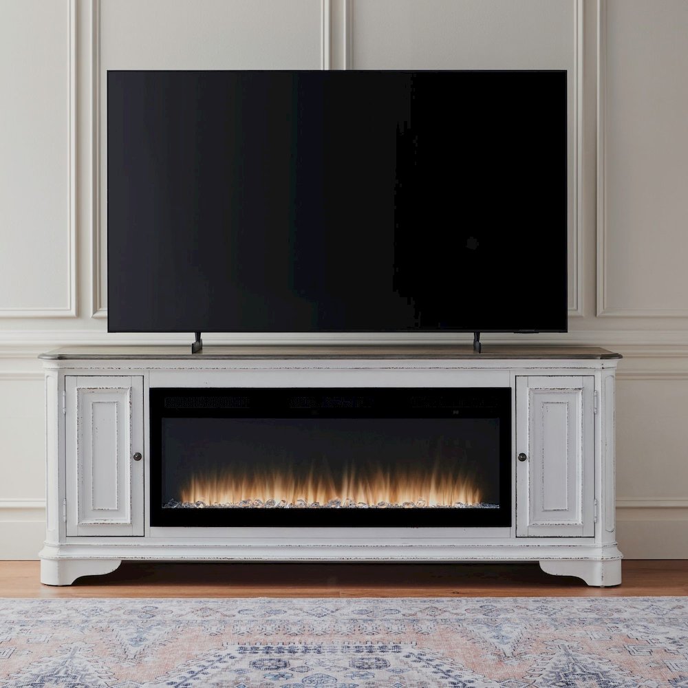 Heated LED Fireplace TV Consoles 82 Inch  - Antique White & Weathered Bark