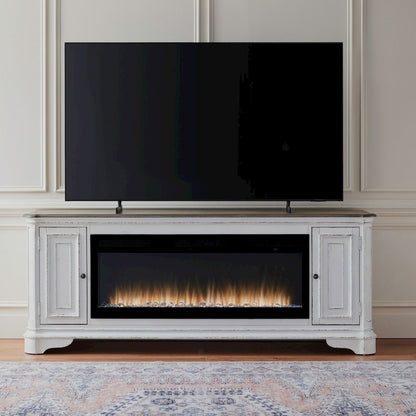 Heated LED Fireplace TV Consoles 82 Inch  - Antique White & Weathered Bark