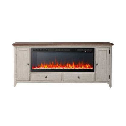 Heated LED Fireplace TV Consoles 80 Inch  - Antique White with Chestnut Tops