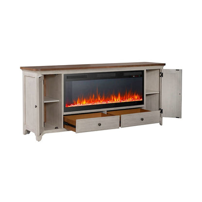 Heated LED Fireplace TV Consoles 80 Inch  - Antique White with Chestnut Tops