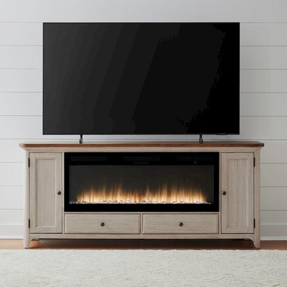 Heated LED Fireplace TV Consoles 80 Inch  - Antique White with Chestnut Tops