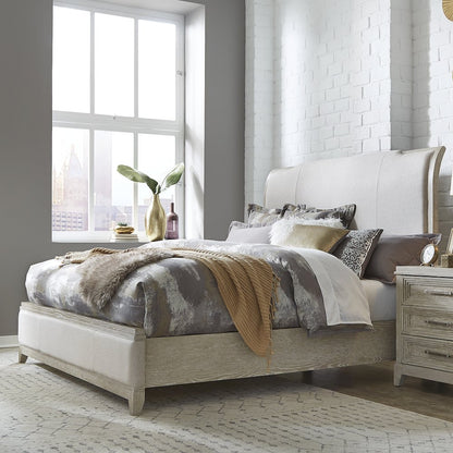 Belmar Queen Upholstered Bed in Rubberwood Solids w/ Split Heart Oak Veneers