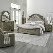 Queen Upholstered Bed, Dresser & Mirror, Chest, Night Stand - Weathered Bisque