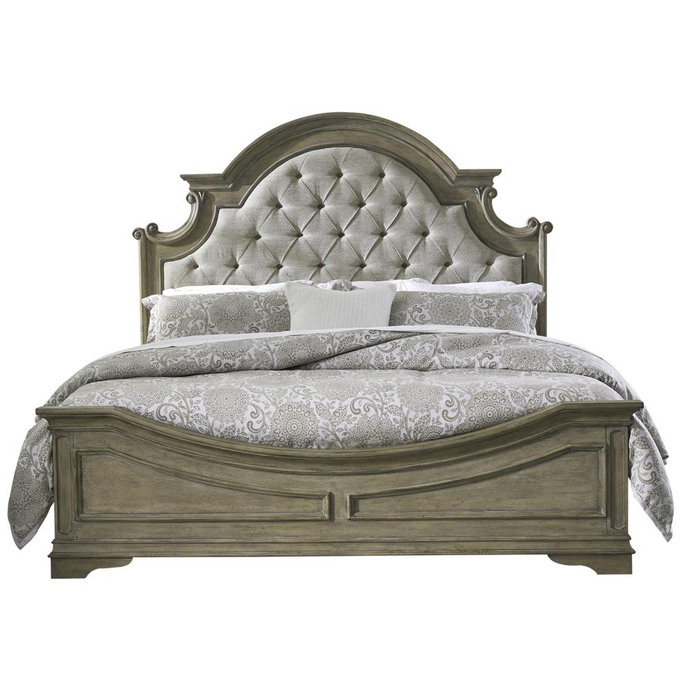 Magnolia Manor King Upholstered Bed, Dresser & Mirror - Weathered Bisque