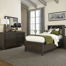 Twin Bookcase Bed, Dresser & Mirror in Rubberwood Solids and Mango Veneers