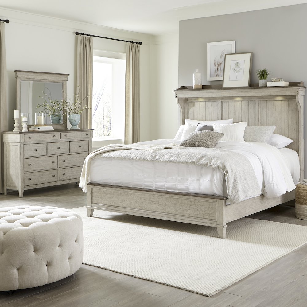 Queen Mantle Bed, Dresser & Mirror - Weathered Linen w/ Dusty Taupe Tops