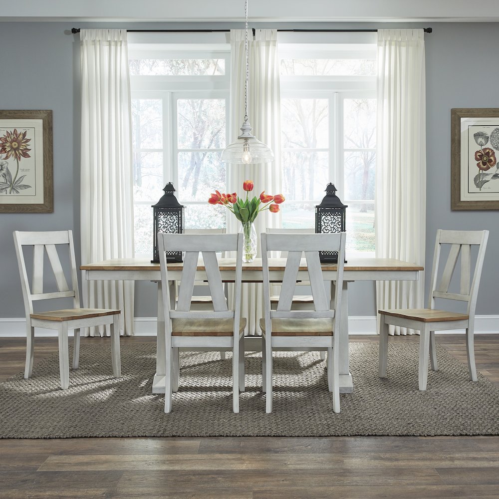 Lindsey Farm 7 Piece Trestle Table Set - Weathered White & Sandstone