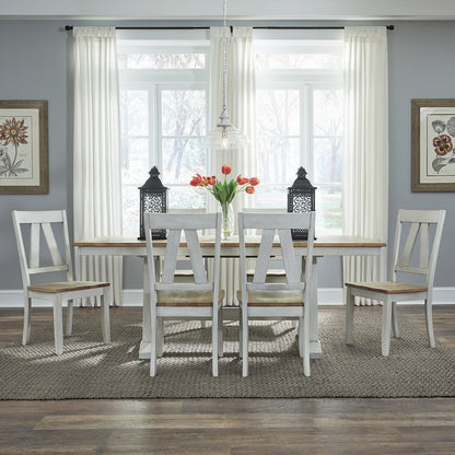 Lindsey Farm 7 Piece Trestle Table Set - Weathered White & Sandstone
