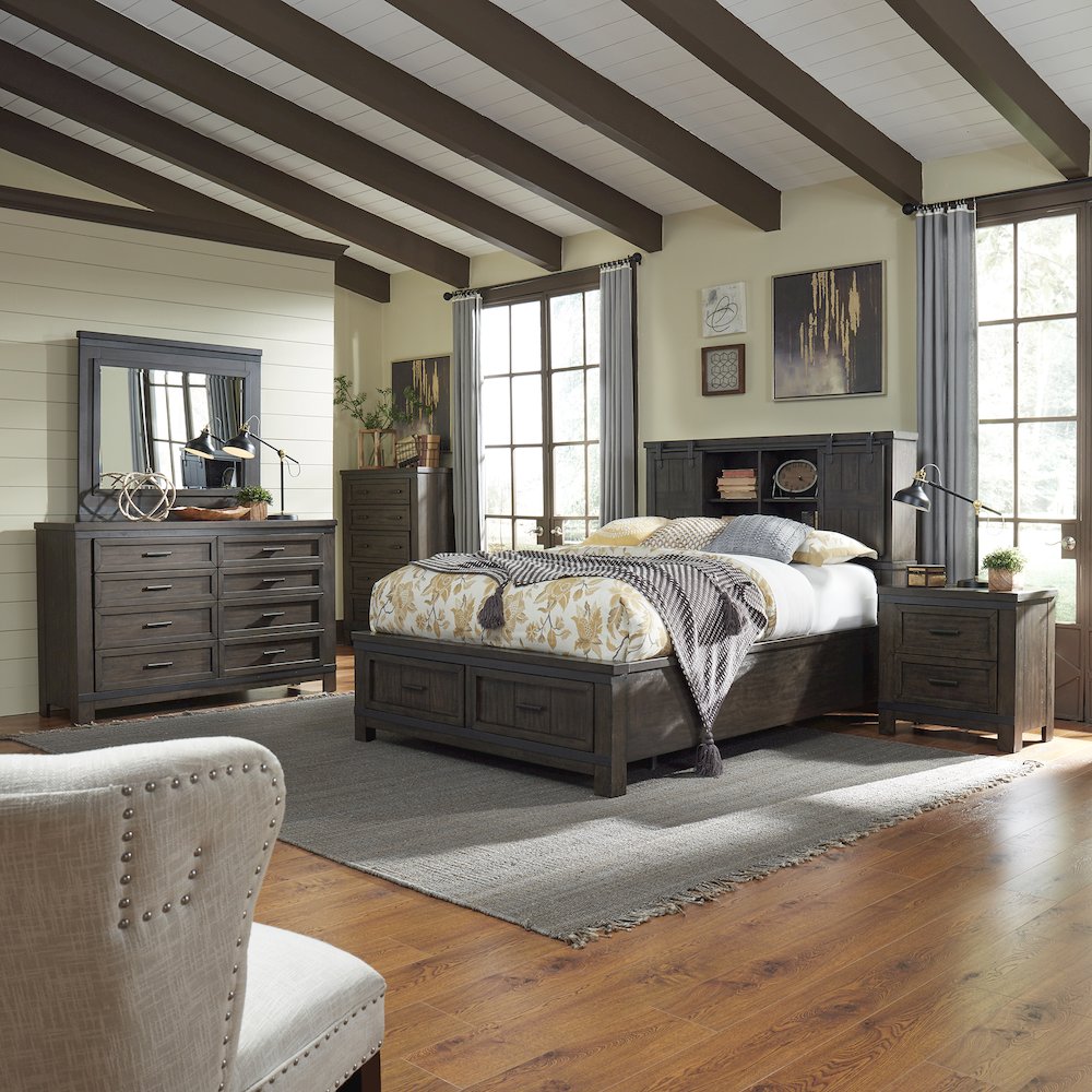 King Bookcase Bed, Dresser & Mirror, Chest, Night Stand - Rock Beaten Brown
