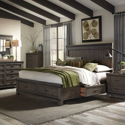 Thornwood Hills King Two Sided Storage Bed, Dresser & Mirror, Chest, Night Stand