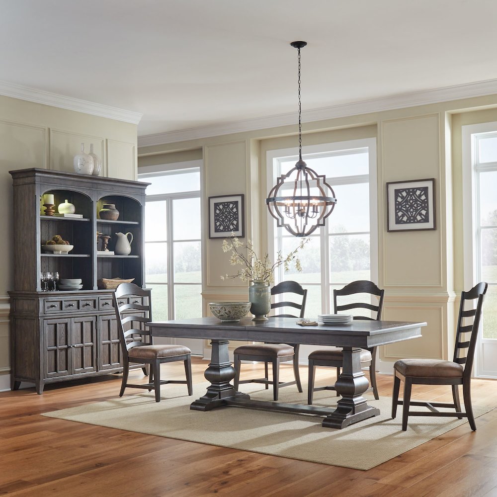 5 Piece Trestle Table Set in Rubberwood Solids & Split Heart White Oak Veneers