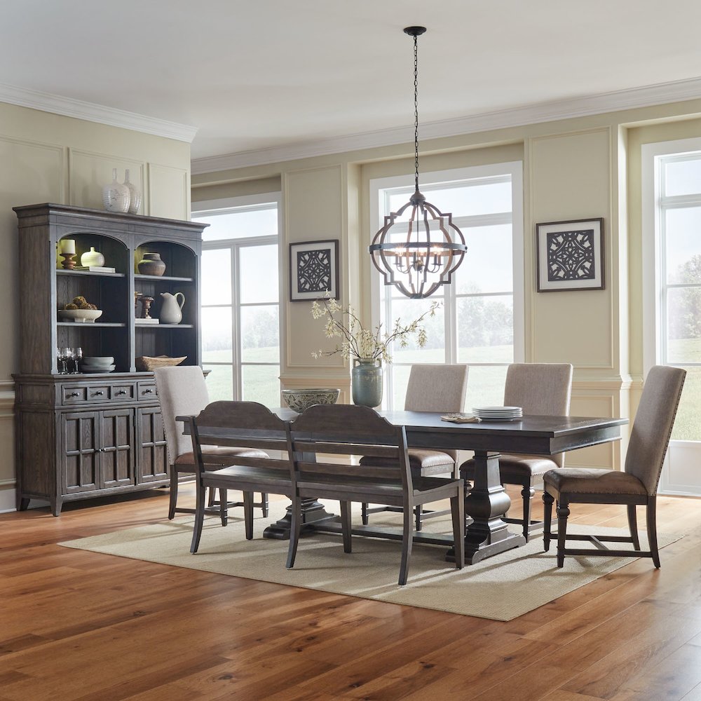 Paradise Valley Opt 6 Piece Trestle Table Set in Saddle Brown color