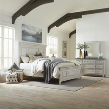 Heartland Queen Panel Bed, Dresser & Mirror - Antique White w/ Tobacco Tops