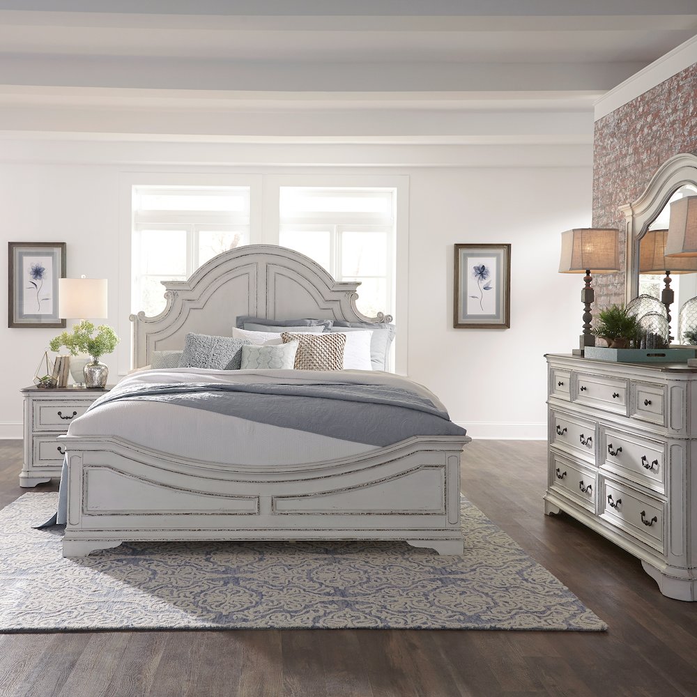 Queen Panel Bed, Dresser & Mirror, Night Stand - Antique White & Weathered Bark