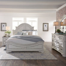Queen Panel Bed, Dresser & Mirror, Night Stand - Antique White & Weathered Bark