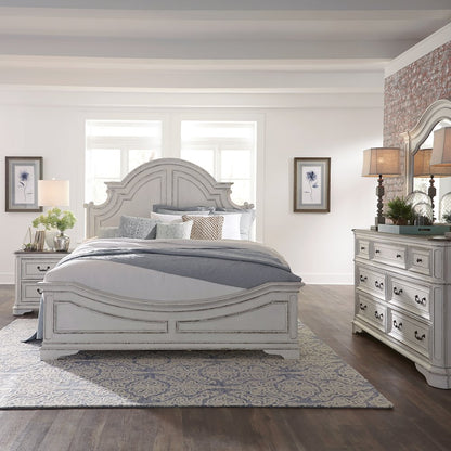 Queen Panel Bed, Dresser & Mirror, Night Stand - Antique White & Weathered Bark