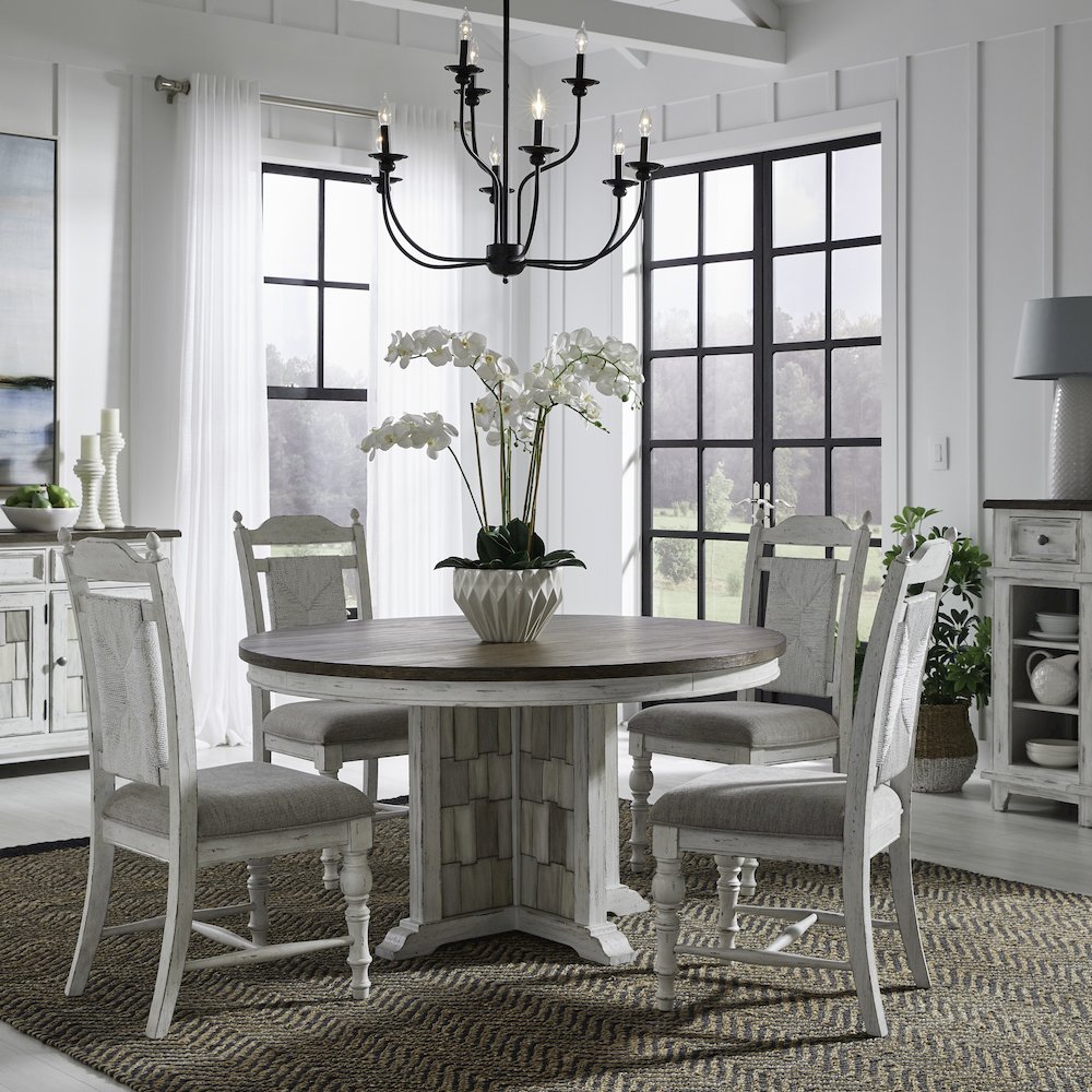 River Place 5 Piece Pedestal Table Set in Pine Solids & Veneers