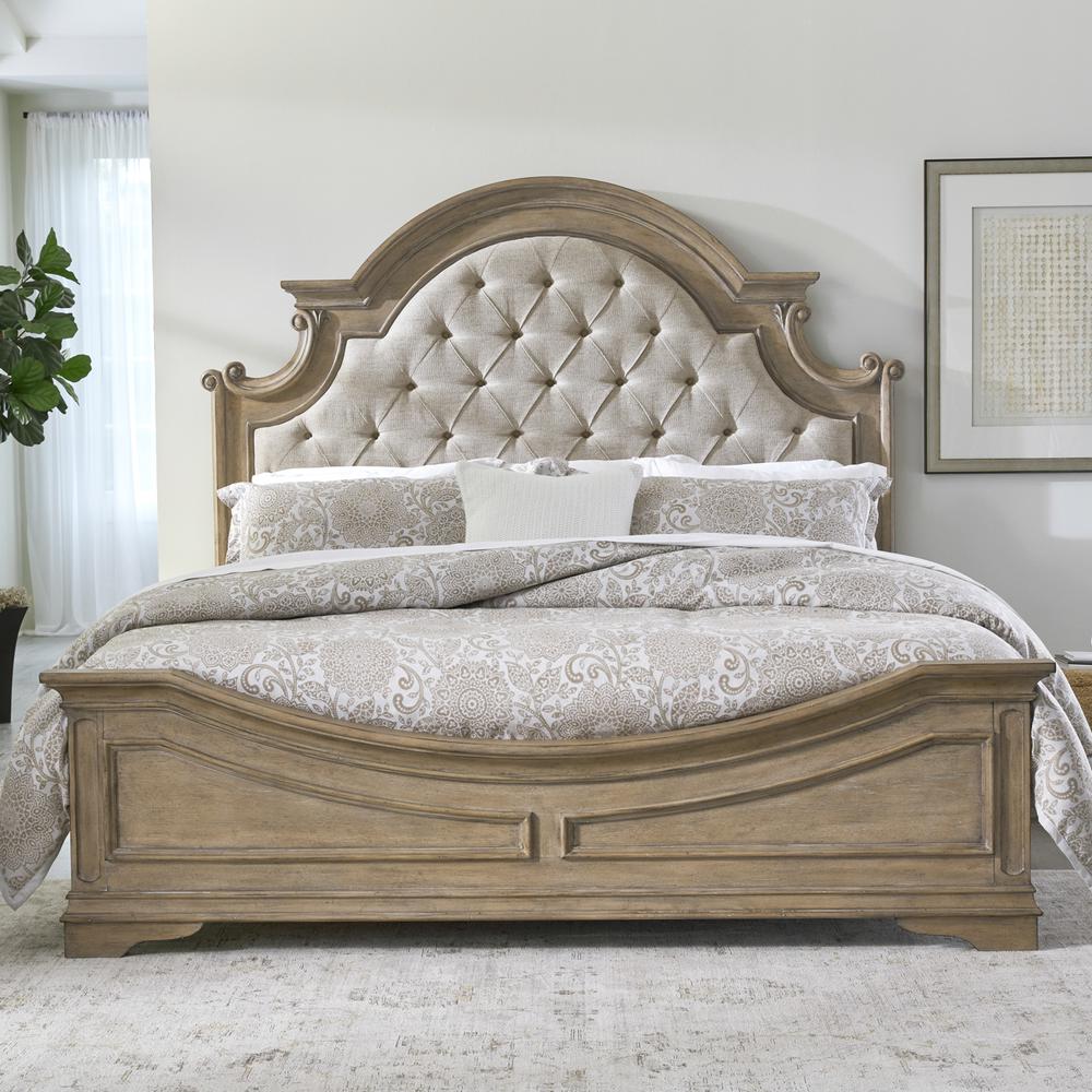 Queen Upholstered Bed, Dresser & Mirror, Chest, Night Stand - Weathered Bisque