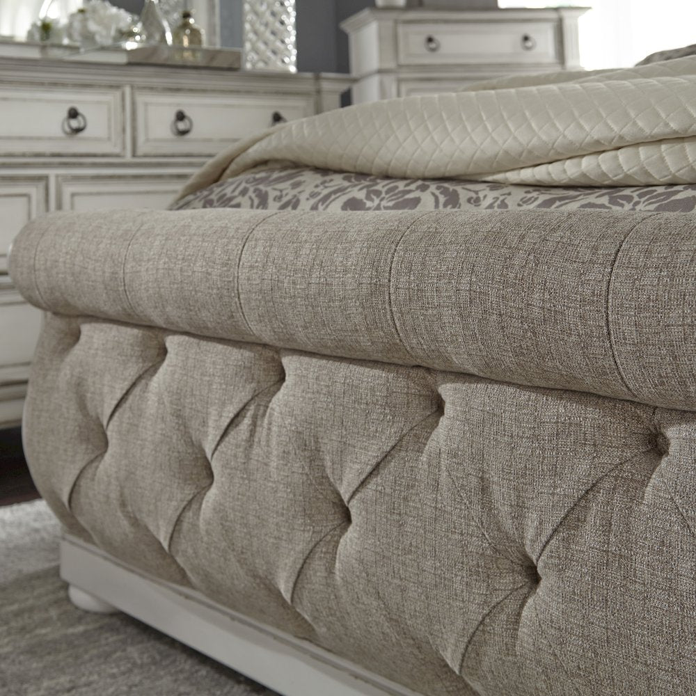 King California Sleigh Bed in Rubberwood Solids w/ White Oak & Birch Veneers