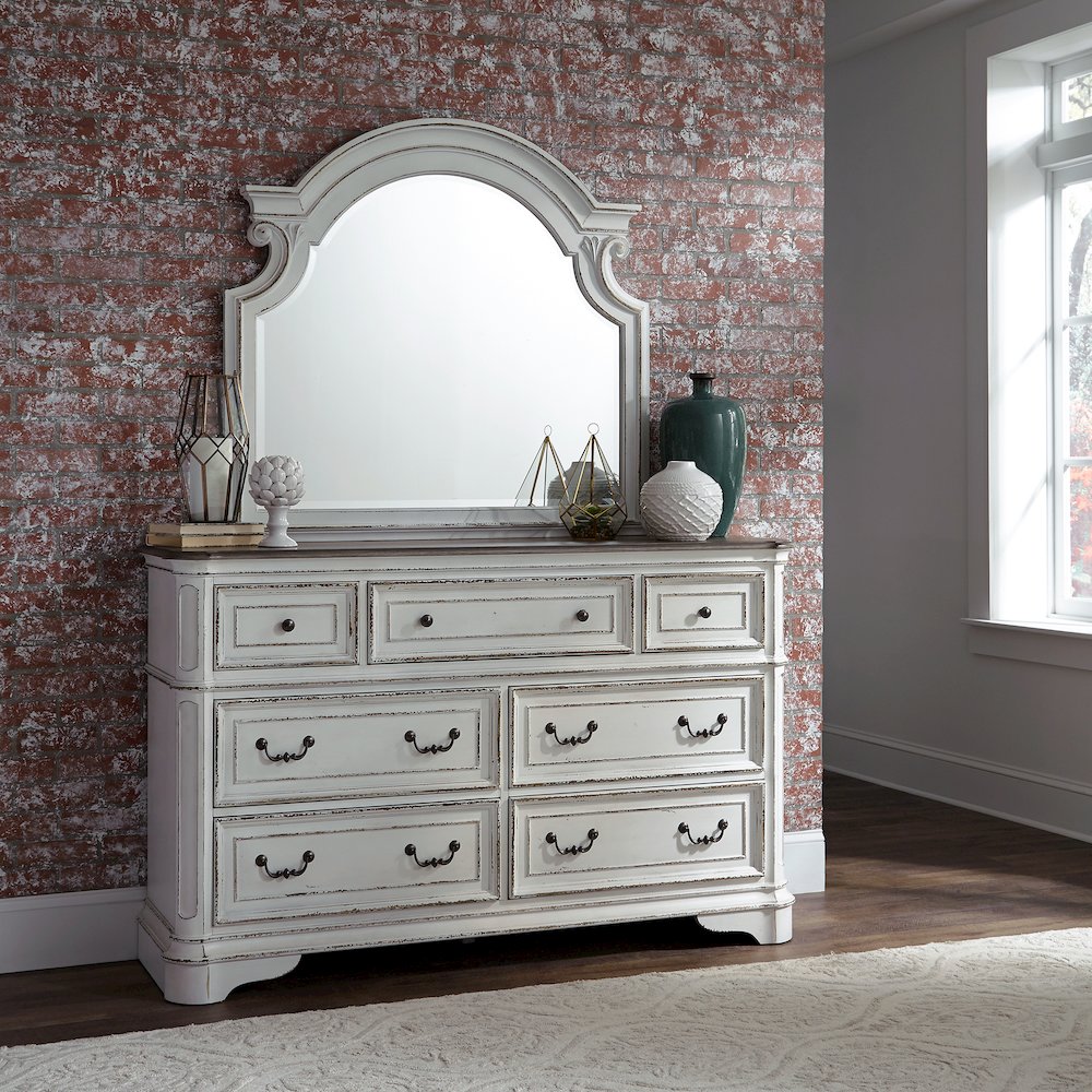 California King Panel Bed, Dresser & Mirror - Antique White & Weathered Bark