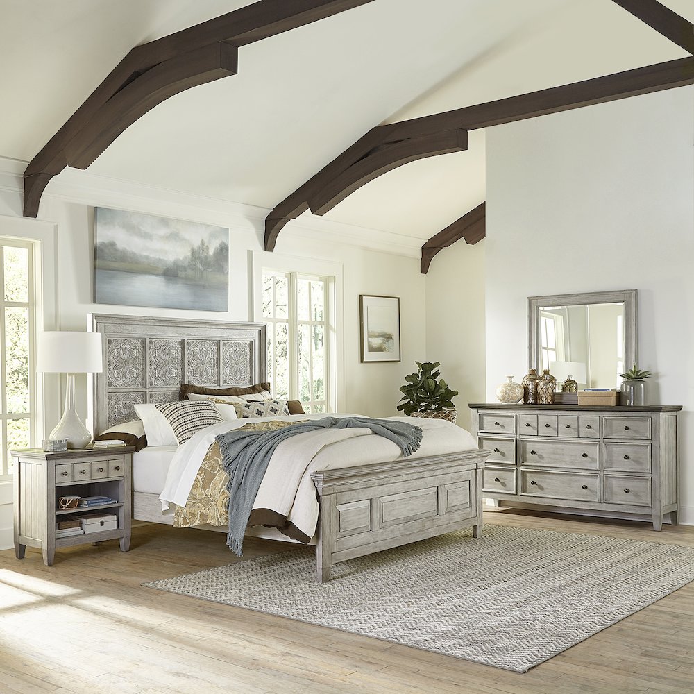 King Opt Panel Bed, Dresser & Mirror, Night Stand - Antique White / Tobacco Tops