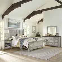 King Opt Panel Bed, Dresser & Mirror, Night Stand - Antique White / Tobacco Tops