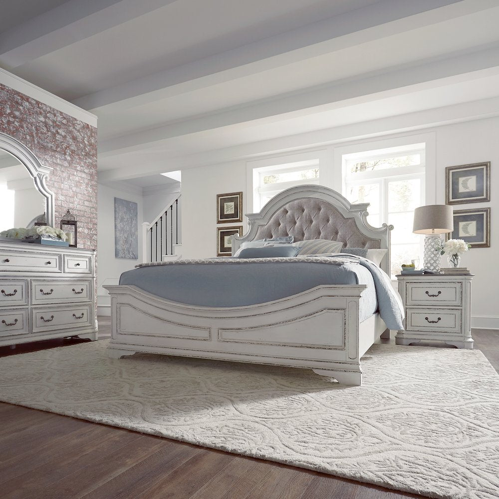 Queen Upholstered Bed, Dresser & Mirror, Night Stand - Antique White