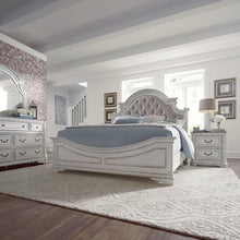 Queen Upholstered Bed, Dresser & Mirror, Night Stand - Antique White