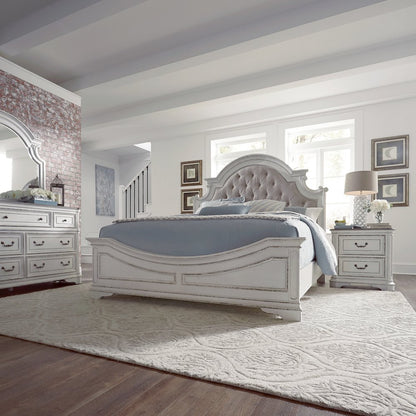 Queen Upholstered Bed, Dresser & Mirror, Night Stand - Antique White