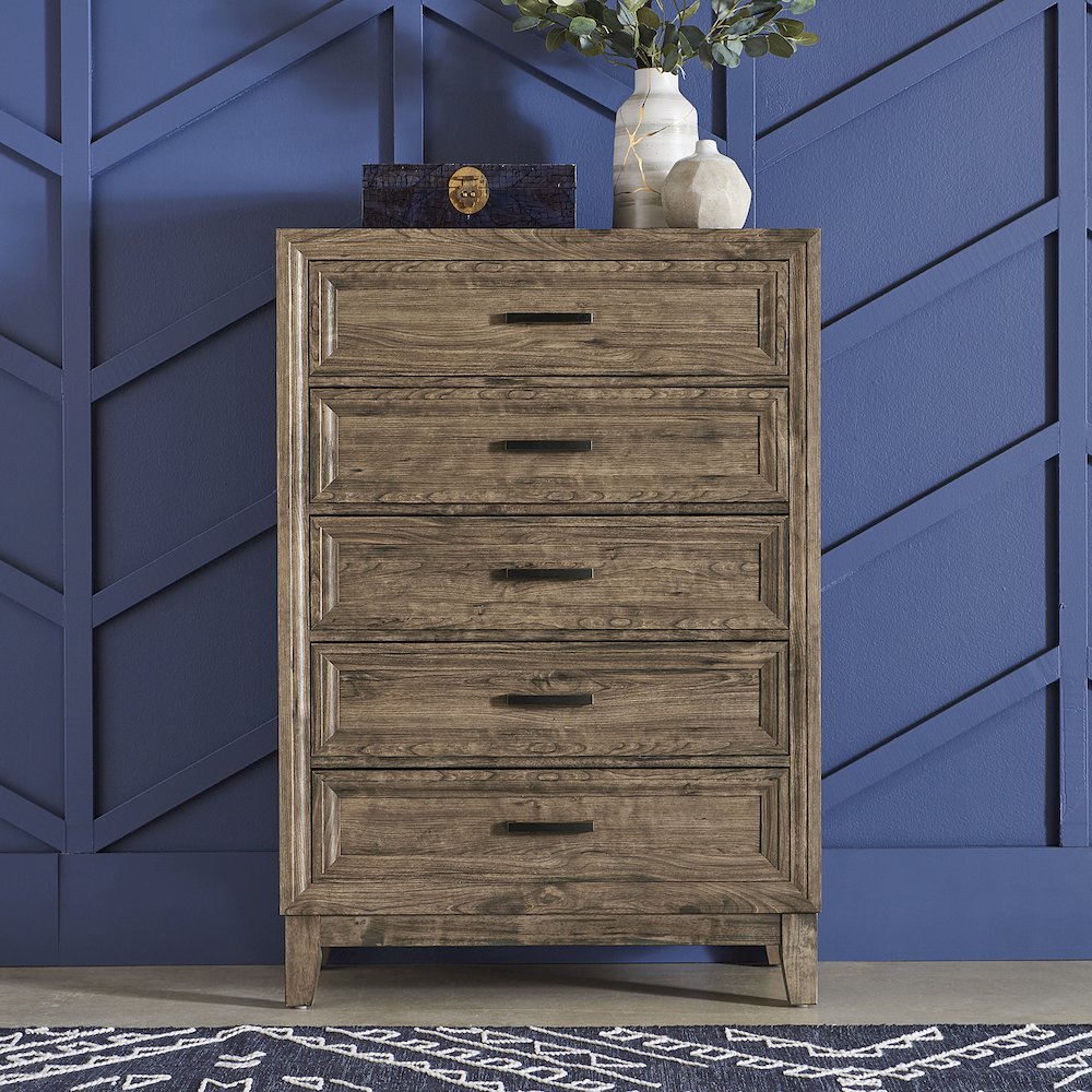 King Storage Bed, Dresser & Mirror, Chest in Rubberwood Solids w/ Paper Laminate