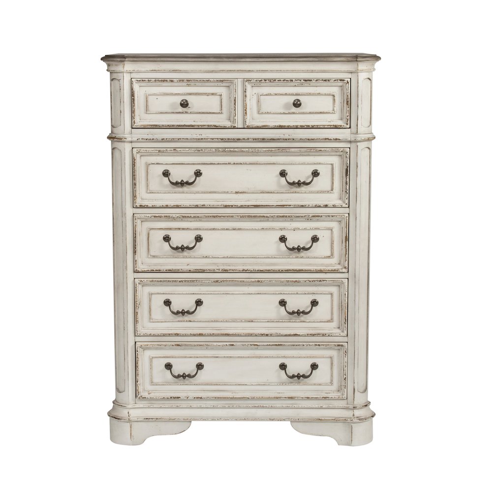 Magnolia Manor California King Upholstered Bed, Dresser, Mirror, Chest - White