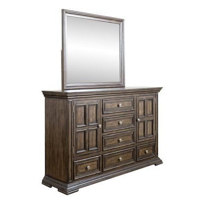 Big Valley King Panel Bed, Dresser & Mirror - Brownstone w/ Heavy Distressing