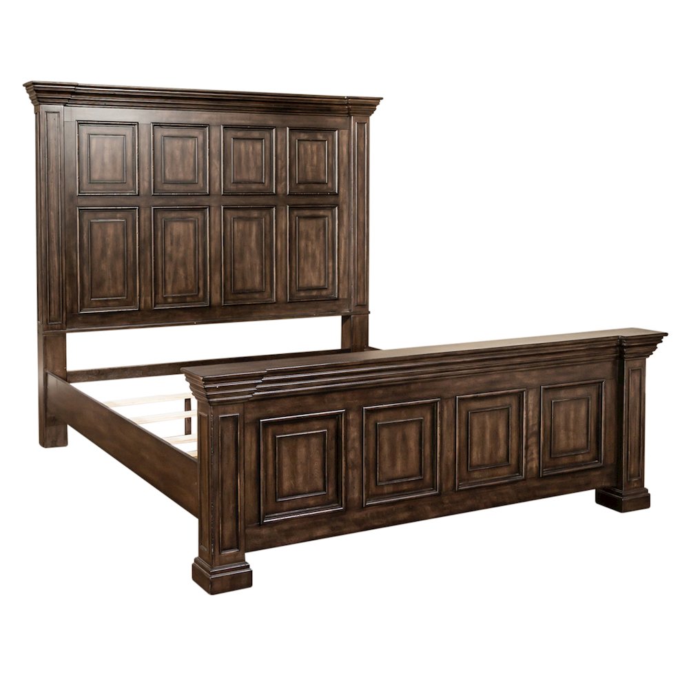 Big Valley King Panel Bed, Dresser & Mirror - Brownstone w/ Heavy Distressing