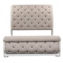 King Upholstered Sleigh Bed, Dresser & Mirror - Antique White & Weathered Bark