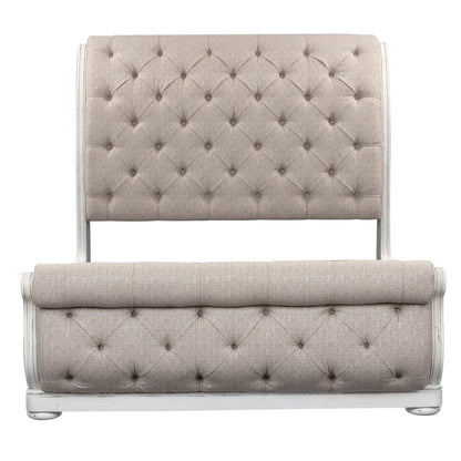 King Upholstered Sleigh Bed, Dresser & Mirror - Antique White & Weathered Bark