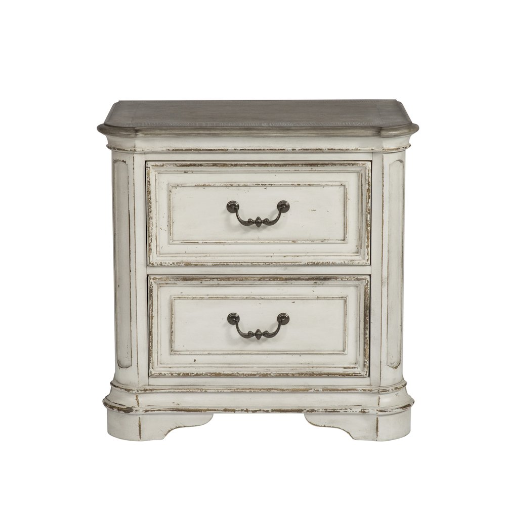 Queen Upholstered Bed, Dresser & Mirror, Night Stand - Antique White