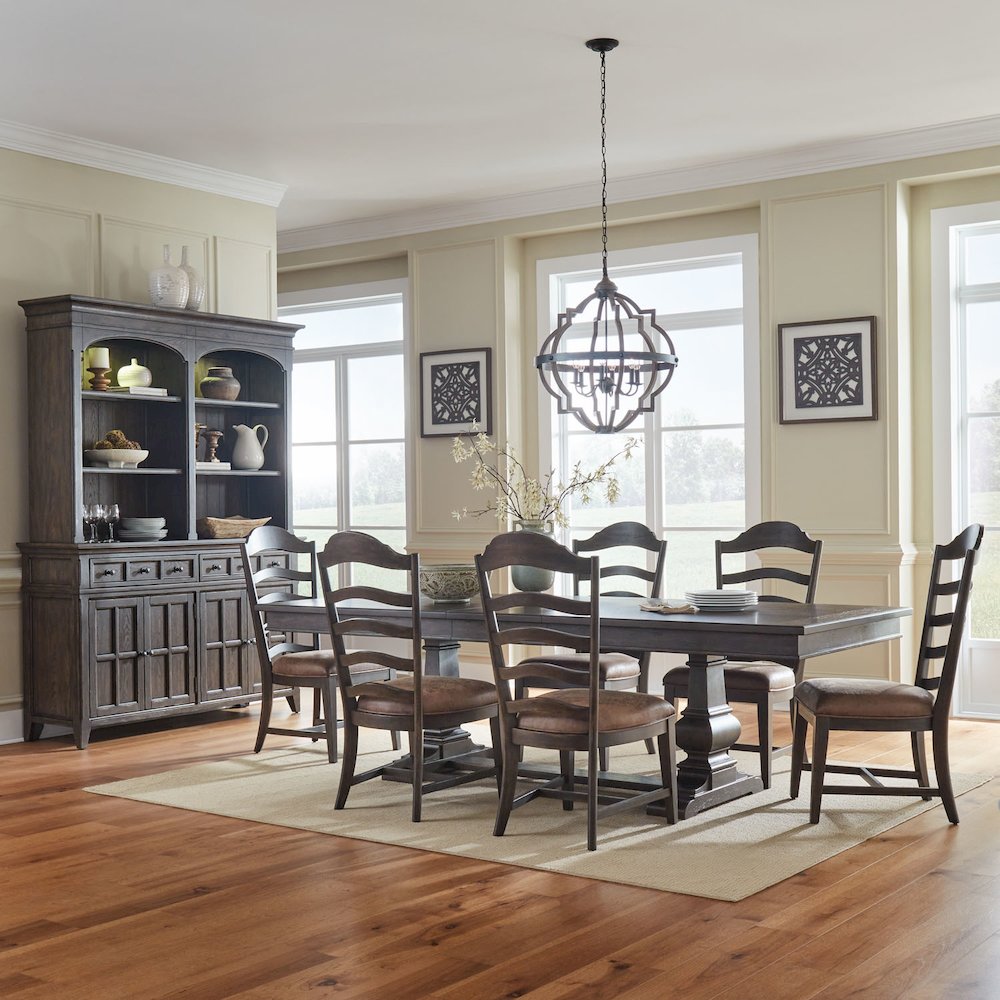 7 Piece Trestle Table Set in Rubberwood Solids & Split Heart White Oak Veneers