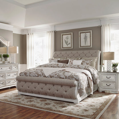 Queen Upholstered Sleigh Bed, Dresser & Mirror, Night Stand - Antique White