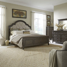 Paradise Valley Queen Upholstered Bed, Dresser & Mirror, Chest - Saddle Brown