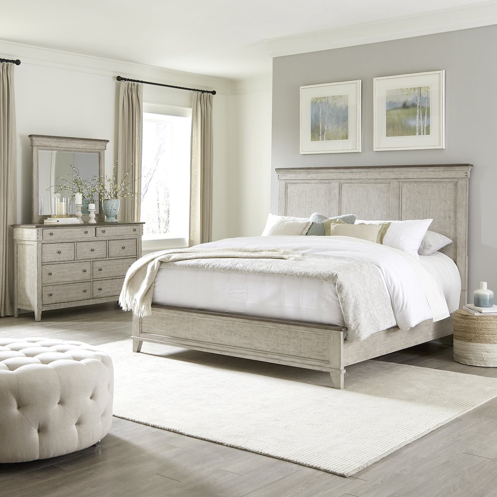 Queen Panel Bed, Dresser & Mirror in Poplar Solids w/ Pine & Alder Veneers