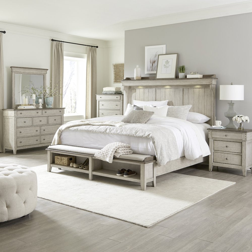 Ivy Hollow Queen Mantle Storage Bed, Dresser & Mirror, Chest, Night Stand