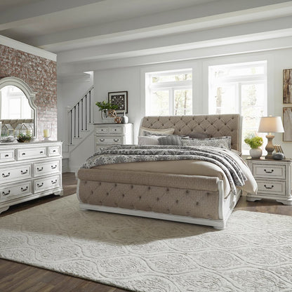 Queen Upholstered Sleigh Bed, Dresser & Mirror, Chest, Night Stand - White