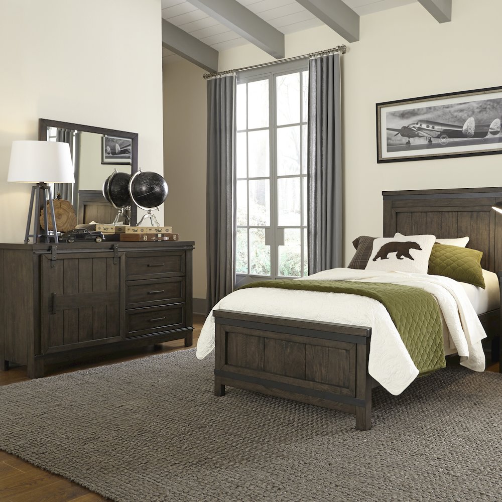 Twin Panel Bed, Dresser & Mirror in Rubberwood Solids and Mango Veneers
