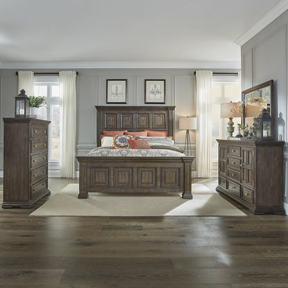 King Panel Bed, Dresser & Mirror, Chest - Brownstone w/ Heavy Distressing