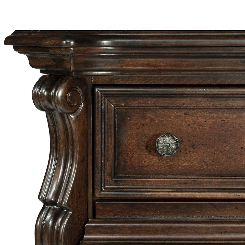 King Sleigh Bed, Dresser & Mirror in Poplar Solids & Birch Veneers & Metal