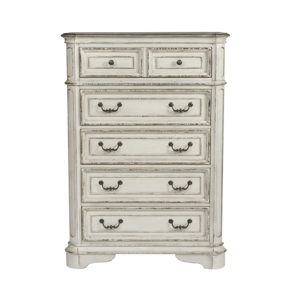 Queen Upholstered Bed, Dresser & Mirror, Chest - Antique White & Weathered Bark