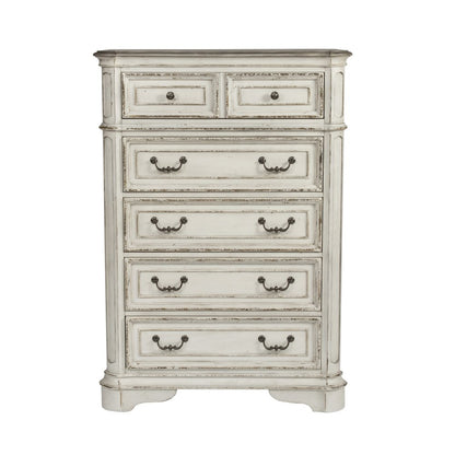 Queen Upholstered Bed, Dresser & Mirror, Chest - Antique White & Weathered Bark